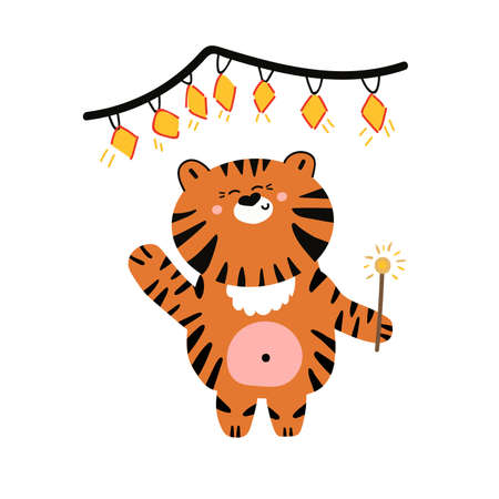 Hand drawn cute tiger waves his hand and holds sparkler, above him hangs a garland. symbol of New Year 2022.のイラスト素材