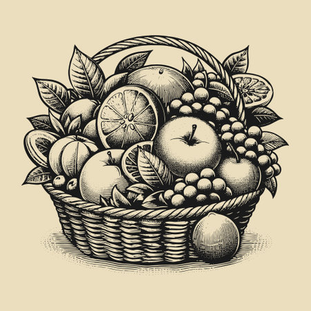 fruits in a basket fruit hand drawn engraving style vector illustrationsのイラスト素材
