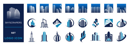 Set of modern buildings. City skyscrapers icons in isometric style isolated on white background. Collection of urban architecture. Residential and office buildings.のイラスト素材