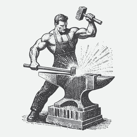 Blacksmith with hummer and anvil working design  illustration.のイラスト素材