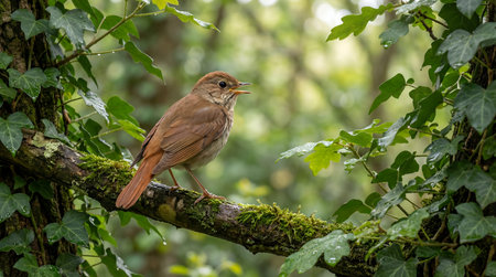 Nightingale Bird Singing on Mossy Branch in Forest