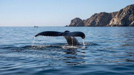 Majestic Humpback Whale Tail Surfaces in Clear Blue Ocean Water