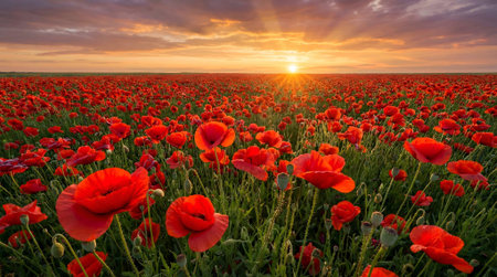 Vast field of red poppies at sunset with sun rays
