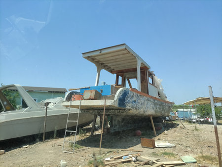 Small old boat being repaired Antalyaの写真素材