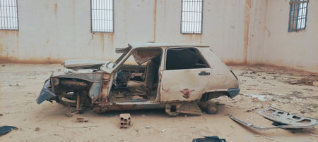Old abandoned car in Africa Tunisiaの写真素材