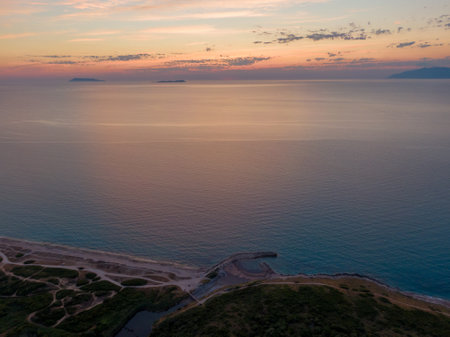 Aerial view of the sea and mountains at sunset. Nature composition.の写真素材