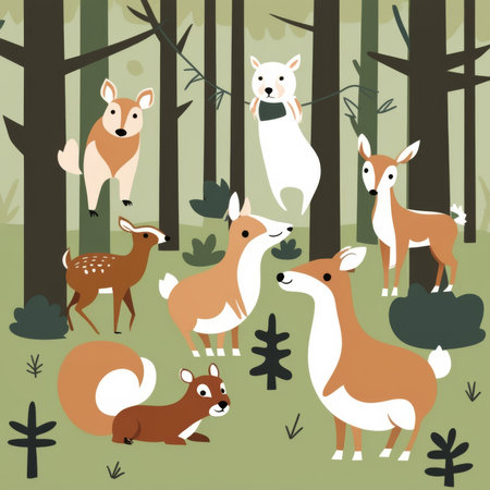 Whimsical woodland scene with playful deer and a curious squirrel.の写真素材