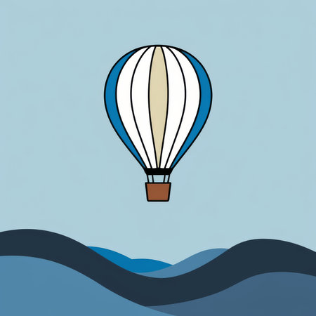 Hot air balloon floating above stylized blue waves.の写真素材