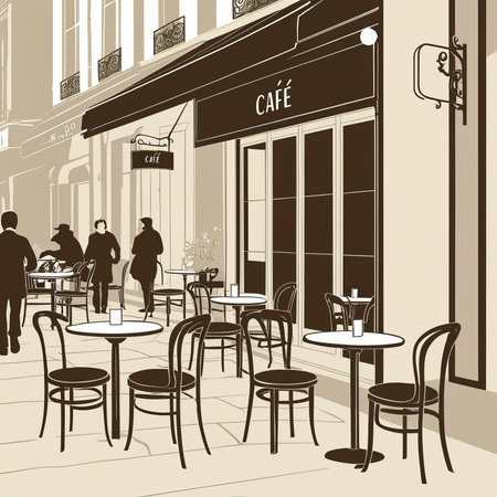 Street cafe in a city with people and tables and chairs.の写真素材