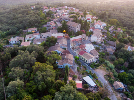 Aerial view of a picturesque village nestled amidst lush greenery and trees.の写真素材