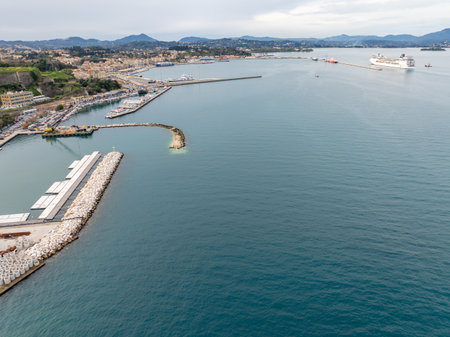 Aerial view of a harbor with boats and a cruise ship.の写真素材
