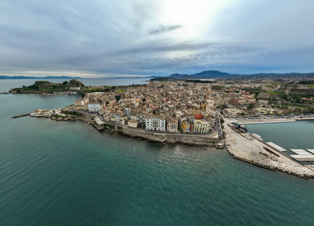 Coastal city skyline, panoramic view of buildings by the sea.の写真素材