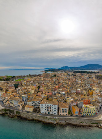 Coastal town aerial view, buildings by the seaの写真素材