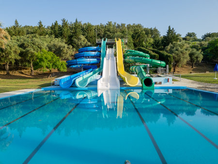 A vibrant water park with colorful slides and a clear swimming pool set against lush greenery.