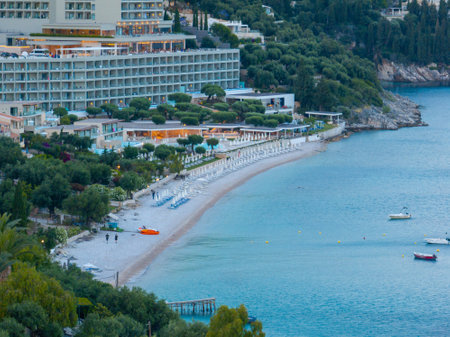 Idyllic coastal resort featuring a pristine beach, turquoise waters, and stunning ocean views.の写真素材