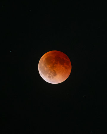 A breathtaking vertical portrait of the Blood Moon during a total lunar eclipse. The moon's detailed, coppery-red surface stands out against the pitch-black, star-filled skyの写真素材