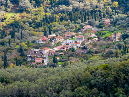 Telephoto aerial shot of a small hillside village in Corfu Greece nestled among cypress trees and olive groves scenic travel landscape backgroundの写真素材