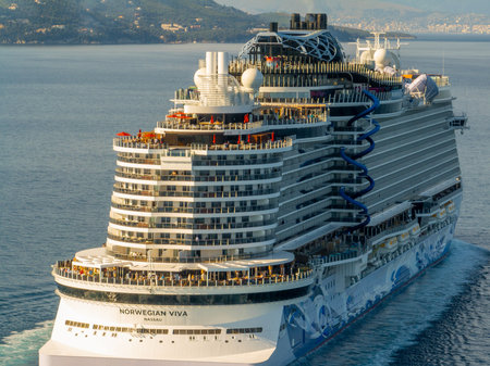 Aerial rear view of the massive Viva cruise ship sailing in the Ionian Sea, showcasing the stern...
