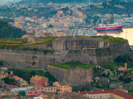 Aerial view of Corfu's New Fortress, Old Town, and port on the Ionian Sea.