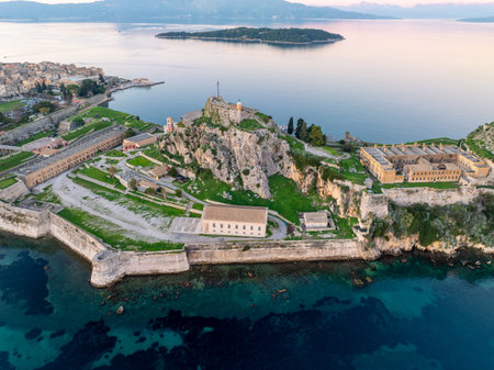 Aerial photo of the Old Fortress and historic town of Corfu, Greece, by the Ionian Sea.の写真素材