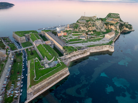 Stunning Summer Aerial Landscape of Corfu Island. Beautiful Turquoise Ionian Sea Surrounding the Old Fortress and Port. Idyllic Greek Holiday Destination with Blue Sky and Sunshine.の写真素材