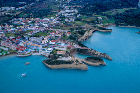 Aerial panoramic view of Sidari and the famous Canal dâ€™Amour in Corfu, Greece: Scenic...