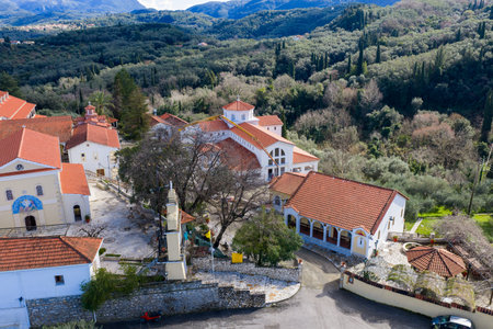 Aerial perspective of the eastern side of Pantokrator Monastery in Agios Athanasios, Corfu, Greece....