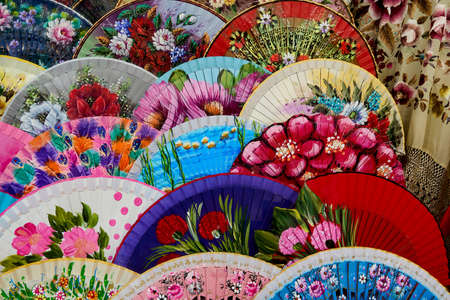 Sale of fans, typical in Spain, handmade and hand painted. Authentic craftsmanship.の写真素材