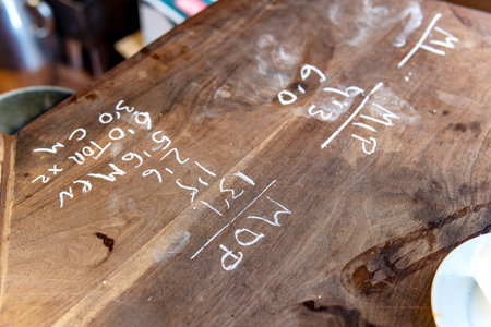 Old bar counter, built in wood, on which has been written with chalk, what each diner has ordered, and thus know what to charge them.の写真素材