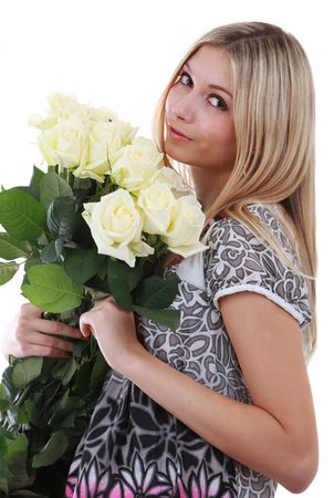 Image of attractive girl with bunch of flowersの写真素材
