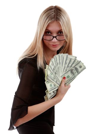 Image of a girl with a fan of dollar billsの写真素材