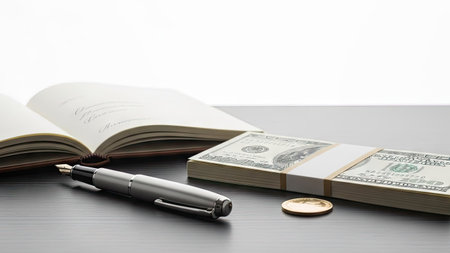 An open notebook, pen, and stack of cash sit on a dark surface, alongside a gold coin. The composition features sharp focus, neutral tones, and even lighting. This setup suggests a financial context, useful for articles about accounting, budgeting, or economic themes. Suitable for various commercial and editorial applications.の素材