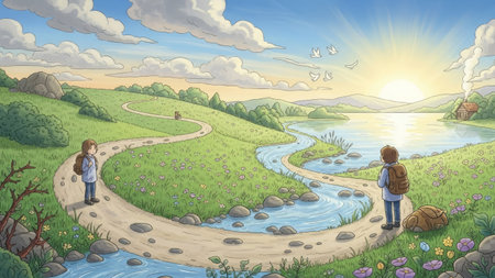 This colorful illustration shows two people standing on a winding path. Lush green hillsides, a tranquil lake, and a bright sky create a serene atmosphere. The artwork features a soft, painterly style with gentle lighting. Suitable for use in educational materials, children's content, or travel-related publications, this image evokes a sense of journey and exploration.の素材