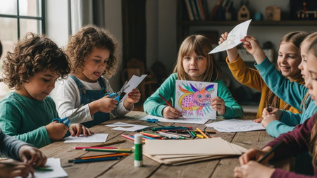A group of children are gathered around a wooden table, engaged in a creative activity. They are working with paper, scissors, and colorful pencils. The scene is brightly lit, with a warm color palette and a focus on children's artwork. This image could be suitable for educational materials or illustrating childhood activities.の素材