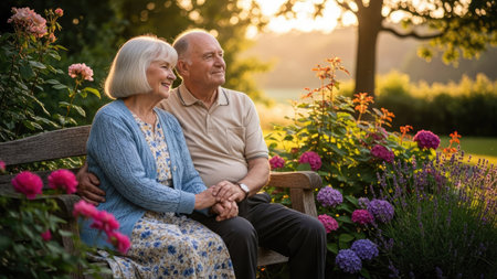 An elderly couple sits together on a wooden bench, enjoying a moment outdoors. The image showcases soft lighting and a warm color palette, highlighting the surrounding flowers and greenery. The composition suggests tranquility, suitable for various uses, including editorial and commercial projects. The scene evokes a sense of peace and togetherness.の素材