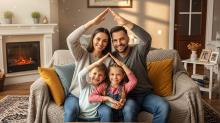 A family of four is gathered, forming a home shape overhead with their hands while sitting on a comfortable sofa. The scene is illuminated by warm lighting, suggesting a cozy indoor setting. It features a fireplace, pillows, and decorative elements. This image has potential for illustrations related to home, family, or real estate.の素材