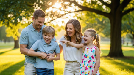 A family of four is captured in a joyous moment, laughing while standing outdoors. The image showcases a natural composition with soft lighting and a warm color palette. A large tree fills the background. This image is suitable for various uses, including editorial and commercial projects.の素材