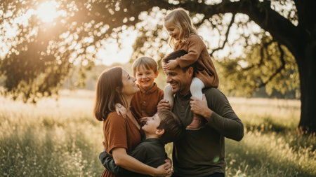 A family of five is gathered outdoors, bathed in warm sunlight. The image features a mother, father, and three children. The composition highlights the affectionate interaction and joyful expressions, with a soft focus on the background. This image could be used for various projects related to family life and happiness.の素材
