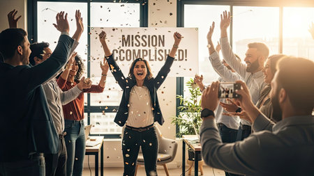 A diverse group of people celebrate a successful mission. The scene features a central figure with arms raised, surrounded by colleagues. Confetti falls as they celebrate under bright lighting. This image could be used for illustrating teamwork, achievement, or corporate success in various commercial contexts.の素材