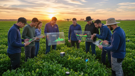 A group of individuals examine data displays within a lush green agricultural field bathed in warm sunlight. The image showcases a diverse group observing digital readouts and charts. The setting suggests an outdoor environment with a focus on technological applications. Suitable for commercial and editorial purposes.の素材
