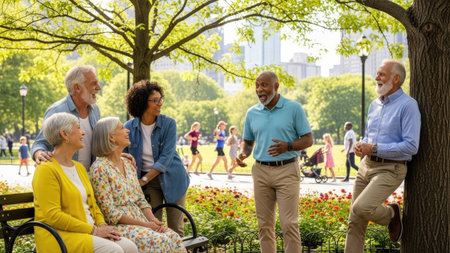 A group of senior citizens is depicted in a park setting, engaged in conversation and laughter. The image shows a composition with a natural, bright light. The overall mood suggests community and social connection. Suitable for various commercial uses, including promoting healthcare or retirement.の素材
