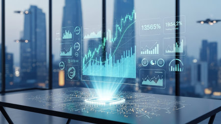 A digital holographic display projects financial charts and graphs on an office table. The scene features a modern, clean interior with large windows showcasing a cityscape. The lighting creates a futuristic ambiance suitable for illustrating technology, business, or finance-related concepts. The image can be used for promotional or informational content.の素材