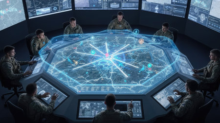 A group of military personnel are gathered around a circular table with holographic projections. They are in a dimly lit, high-tech control center. The scene exhibits a futuristic aesthetic, with blue light accents. This image could be suitable for illustrating technology, strategy, and security themes.の素材