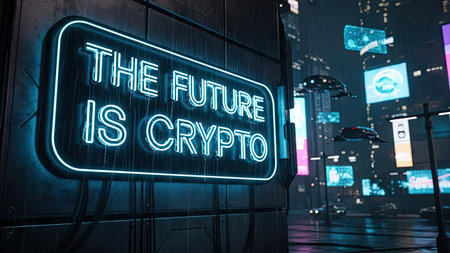 An illuminated neon sign with the text "THE FUTURE IS CRYPTO" is featured in this image. The vibrant blue glow contrasts with a dark, futuristic cityscape. The composition showcases a modern aesthetic, with a potential for editorial usage related to finance or technology. Visual elements include lights and reflections.の素材