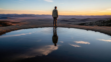 A person stands at the edge of a water pool, looking out over a vast landscape. The scene features a clear reflection of the person and the sky, showcasing shades of blue and orange. The composition suggests a sense of peace and contemplation, lit by soft, diffused light, suitable for various editorial and commercial applications.の素材