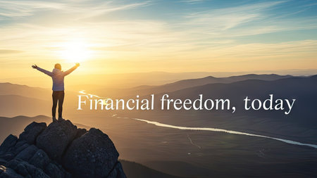 A person stands on a mountain peak with arms outstretched towards the sun. The image showcases a beautiful landscape, bathed in golden sunlight. The composition emphasizes the vastness of the natural environment, suggesting themes of freedom and achievement, suitable for various editorial and commercial applications.の素材