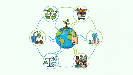 An illustration depicts the Earth at the center, surrounded by icons representing environmental themes. These include recycling symbols, a shopping cart with produce, a lightbulb over water, and a group of diverse individuals. The style features bright colors and outlines, suggesting a concept of sustainability suitable for educational or promotional materials.の素材
