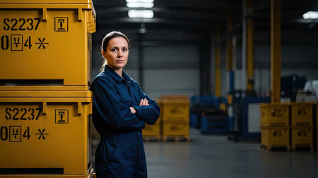 A woman in blue workwear stands with crossed arms next to stacked yellow storage boxes. The image showcases a neutral color palette, industrial lighting, and a shallow depth of field. This image could be used for illustrating concepts related to logistics, warehousing, or industrial work settings, for commercial applications.の素材