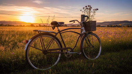 A classic bicycle sits gracefully in a field, a basket filled with flowers attached to the handlebars. The image showcases warm, golden hues from the setting sun, illuminating the tall grass. This serene scene could be used for various purposes, including promotional materials and website visuals.の素材