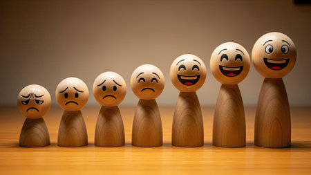 A row of wooden figures depicts an emotional spectrum, progressing from somber to joyful expressions. Each figure is uniquely carved with different facial expressions. Warm lighting enhances the wooden texture, and the background is a simple, neutral tone. This image could be suitable for articles related to psychology or educational content.の素材